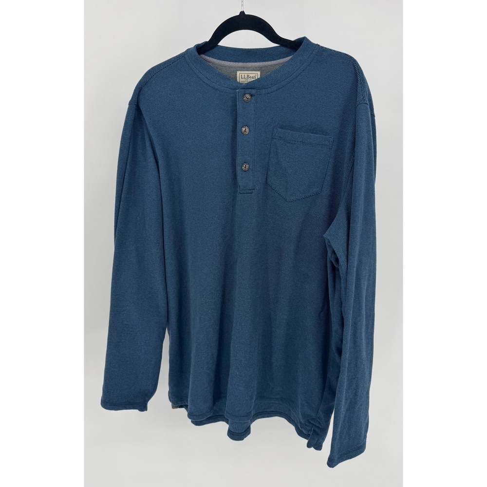 LLBean Mens Blue Striped Long Sleeve Henley Pocket Shirt XL Tall